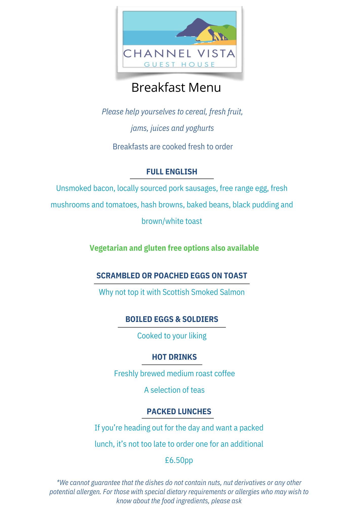 Breakfast Menu Please help yourselves to cereal, fresh fruit, jams, juices, pastries and yoghurts. (2)